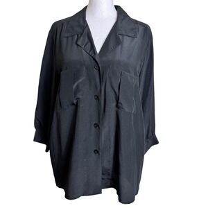 Vtg Dana Alexander Black Satin Shacket Blouse 10 Minimalist Utility Button 90s